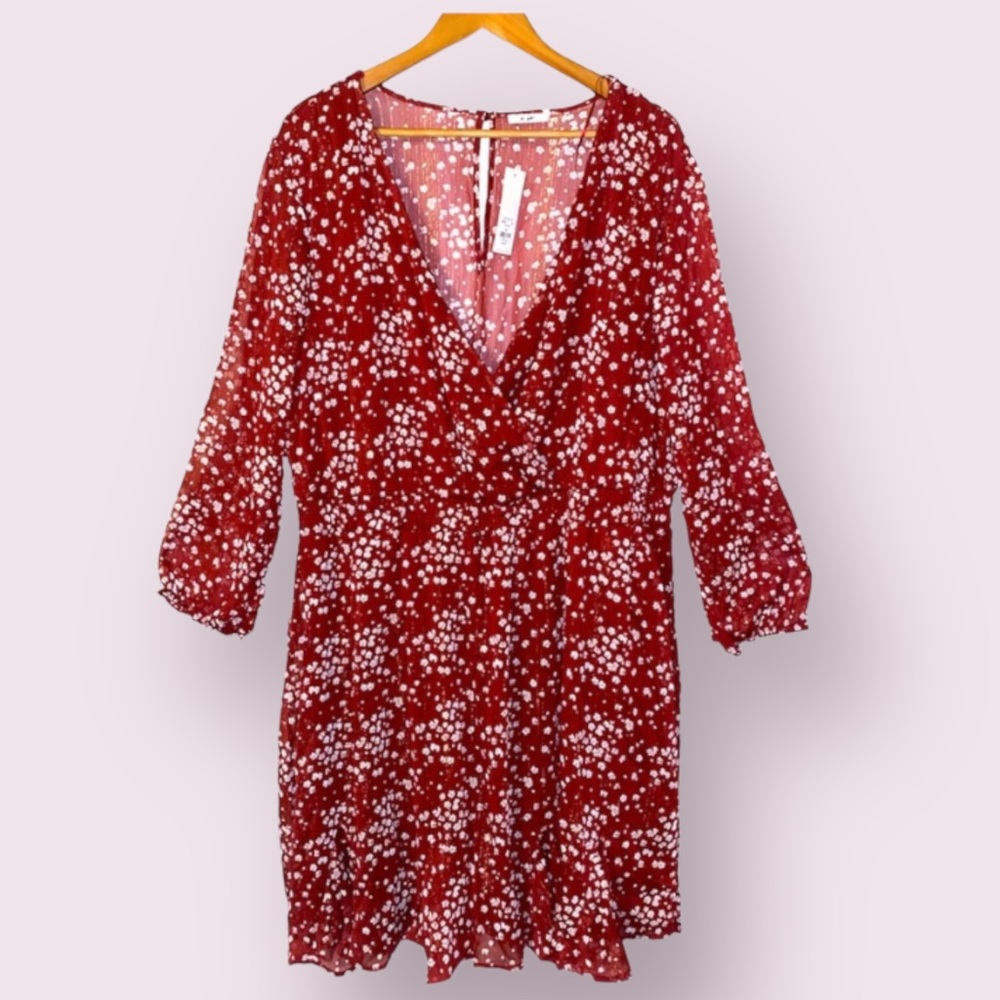 3X women's dress red Floral Shimmer v-neck cinched waist long sleeves